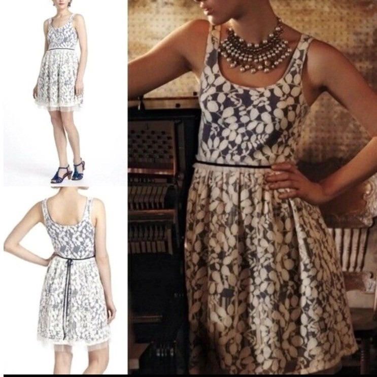 Tracy Reese Frock! Anthropologie Floral Lace Plaid Fit Flare Dress Navy Ivory
